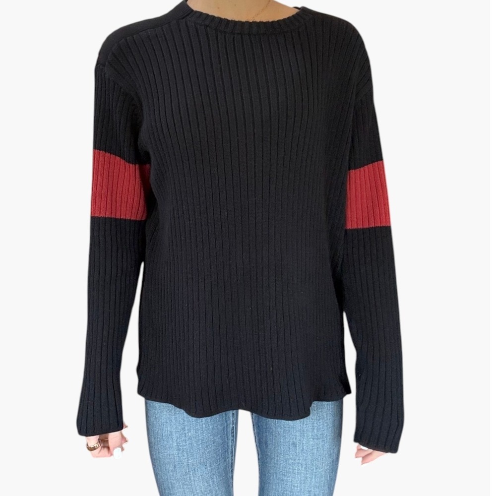 Quiksilver Ribbed Knit Sweater Black Red Stripe Crew Neck Cotton Blend